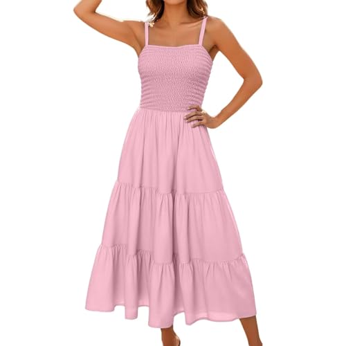 Women Square Neck Ruffle Maxi Dress 2025 Summer Boho Beach Cotton Linen A-Line Spaghetti Strap Long Dress Vacation(1E-Red, XXL)