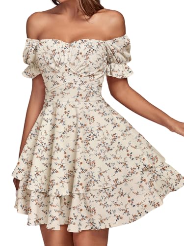 LYANER Women's Tie Back Off Shoulder Wrap Layer Ruffle Short Sleeve Mini Dress, Beige Print, L