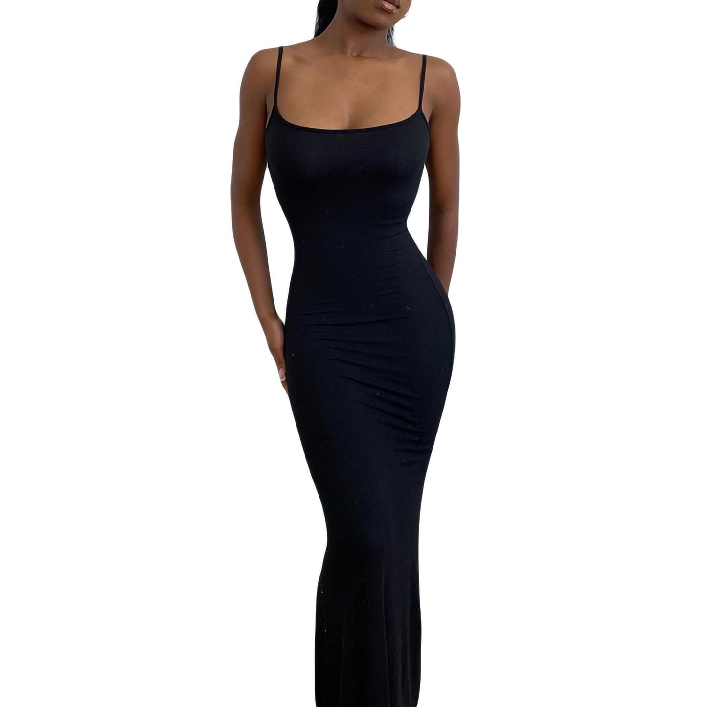 Geagodelia Women's Summer Maxi Dress Ladies Sexy Spaghetti Strap/Long Sleeve Bodycon Long Party Dresses Y2k Aesthetic Clothes Rave Outfit Skims Dupes (A - Black, XS)