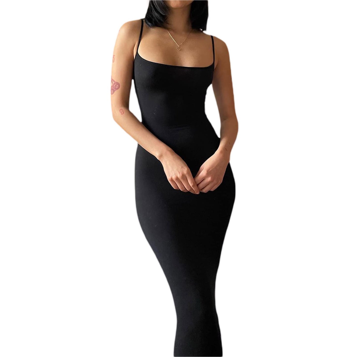 Geagodelia Women's Summer Maxi Dress Ladies Sexy Spaghetti Strap/Long Sleeve Bodycon Long Party Dresses Y2k Aesthetic Clothes Rave Outfit Skims Dupes (A - Black, XS)