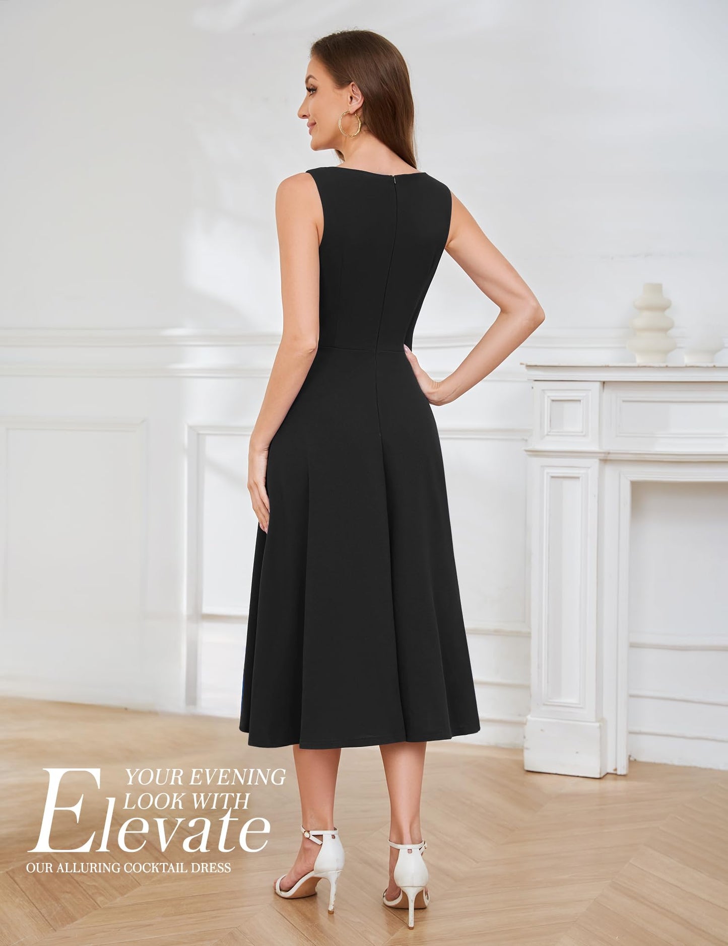 Aupuls Black Formal Dresses for Women V Neck A Line Sleeveless Midi Cocktail Dress AUPG007 Black XL