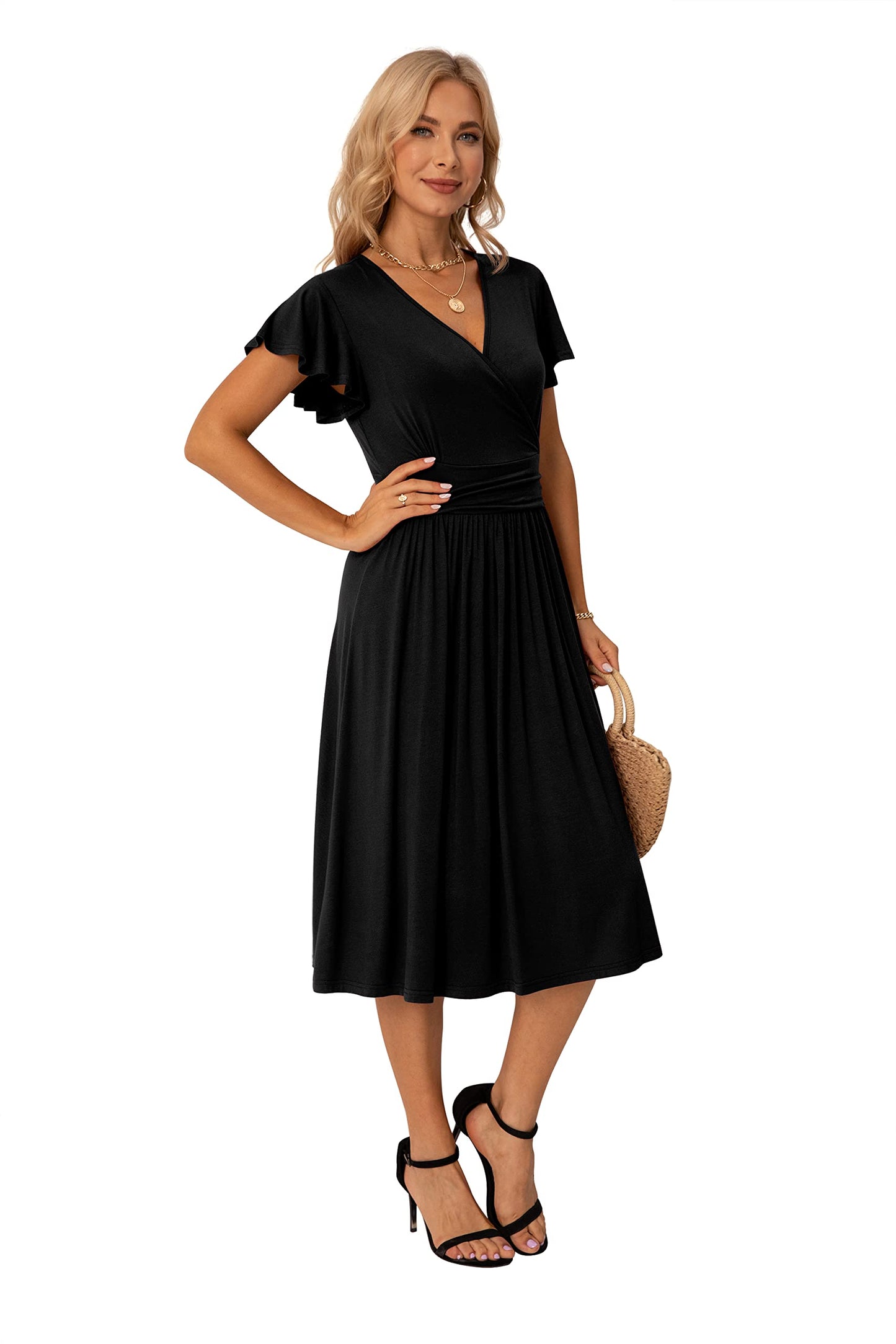 GRECERELLE Womens Summer Wrap Dress Ladies Casual Ruffle Short Sleeve V-Neck Floral Beach Dresses for Women (01 Black, L)