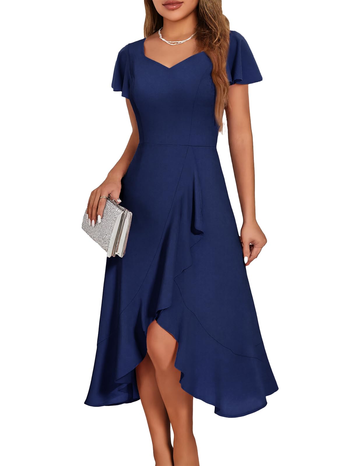 HomRain Women’s Ruffle Sleeves Wedding Guest Dress Ruffle Split Formal Cocktail Vintage Dresses for Women Evening Party Navy XL