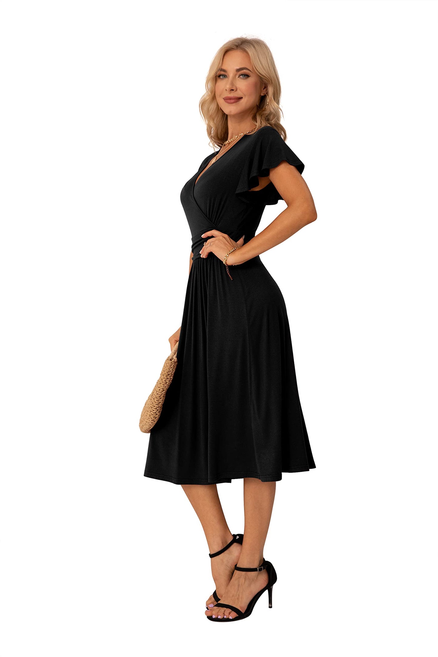 GRECERELLE Womens Summer Wrap Dress Ladies Casual Ruffle Short Sleeve V-Neck Floral Beach Dresses for Women (01 Black, L)