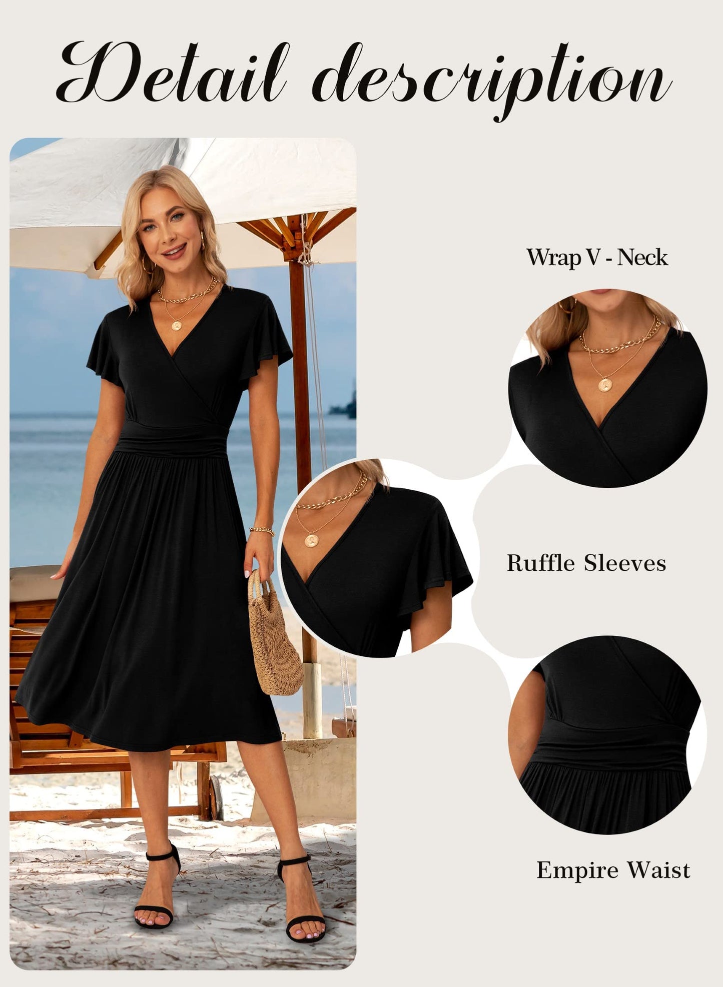 GRECERELLE Womens Summer Wrap Dress Ladies Casual Ruffle Short Sleeve V-Neck Floral Beach Dresses for Women (01 Black, L)