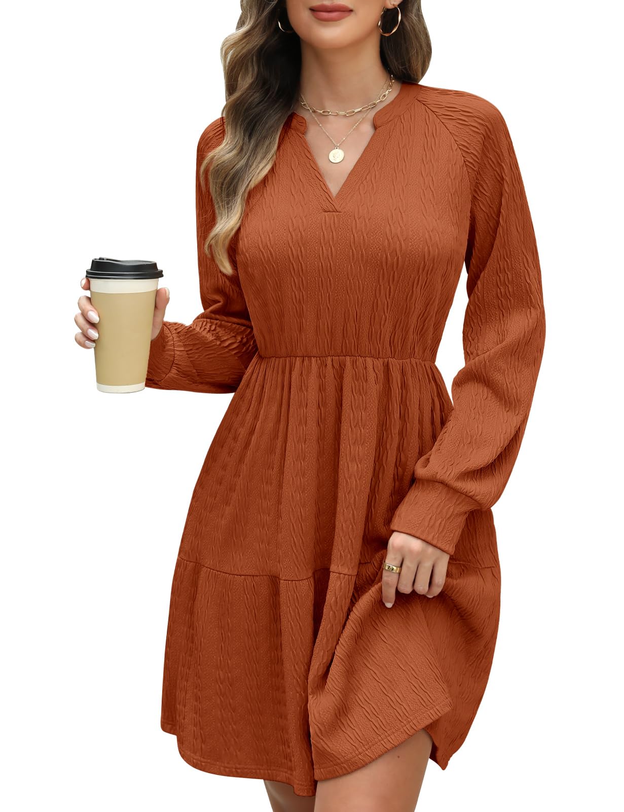 CMTOP Jumper Dress for Women Long Sleeve V Neck Knitted Dresses Ladies Elegant Sweater Tunic Casual Midi Bodycon with Pockets Brown