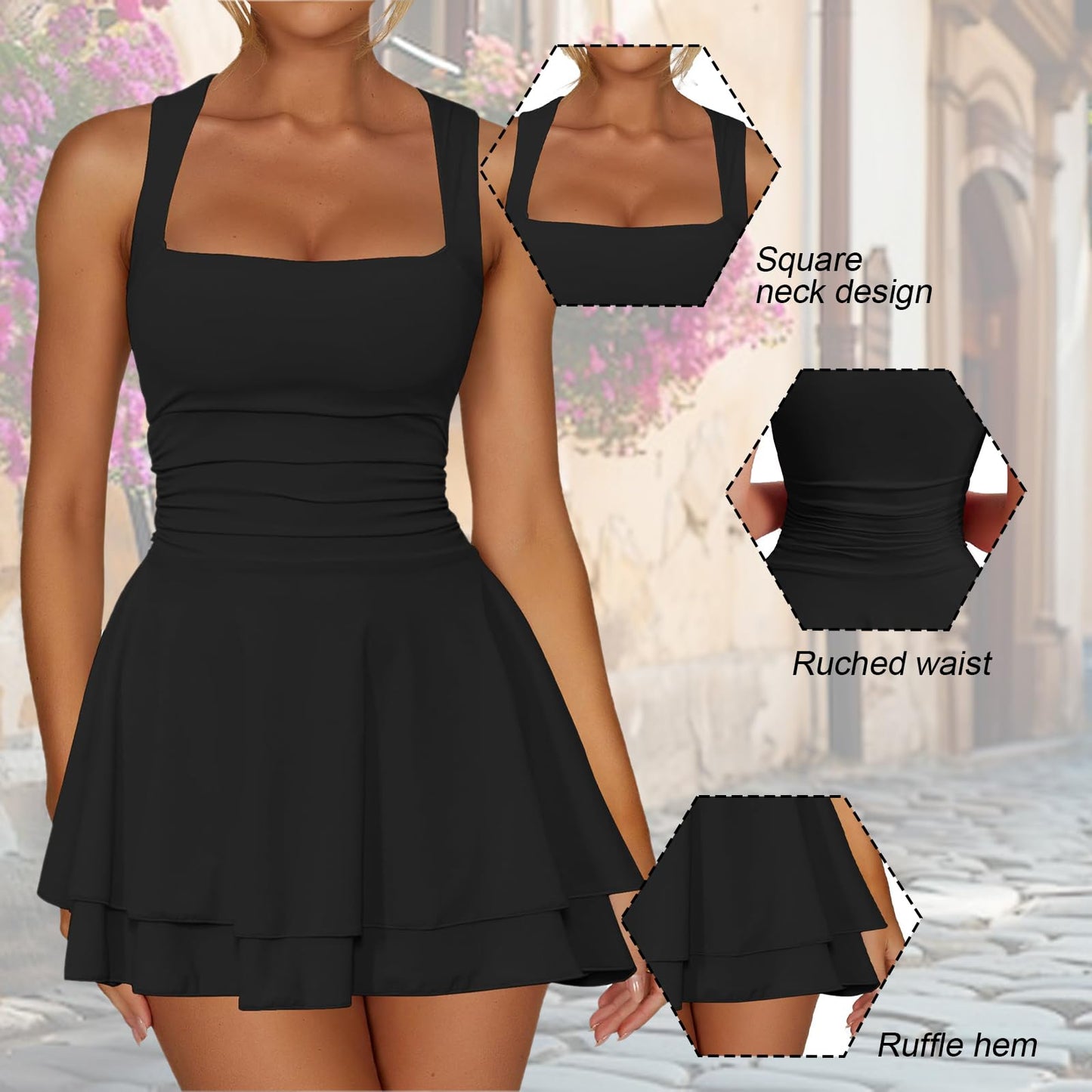 Hanaoops Women's Sexy Mini Dress Square Neck Sleeveless Short Tank Dress High Waist Ruched Bodycon Dresses Slim Fit A Line Swing Party Club Cocktail Dress Black