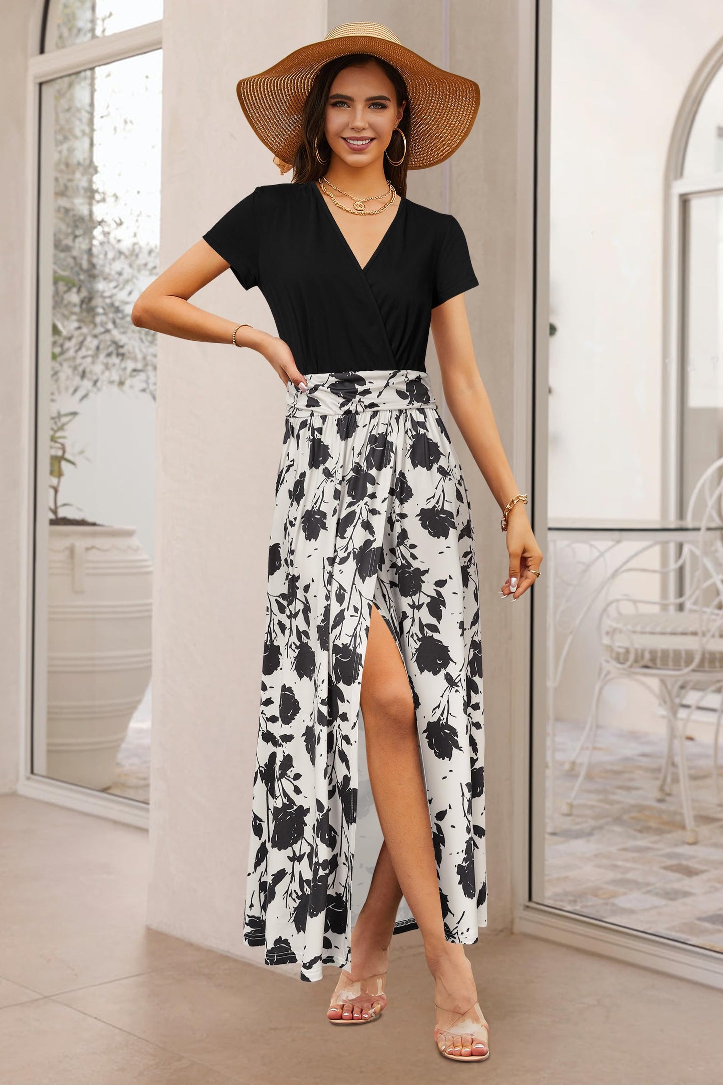 Newshows Womens Summer Dress Casual Vacation Short Sleeve V Neck Boho Beach Long Maxi Dresses Apricot Black Flower,XL