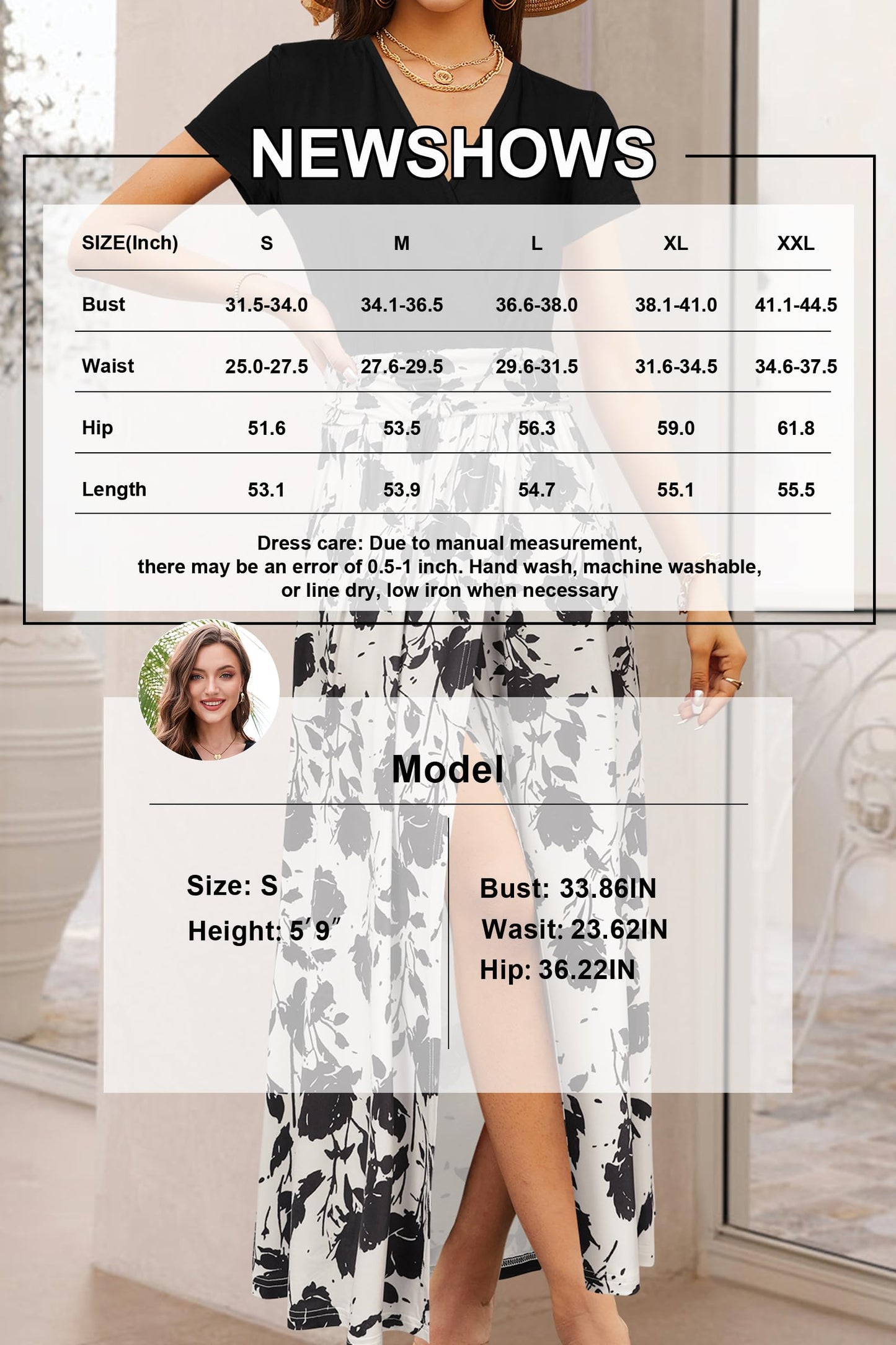 Newshows Womens Summer Dress Casual Vacation Short Sleeve V Neck Boho Beach Long Maxi Dresses Apricot Black Flower,XL
