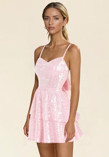 BRANCY ART Sequin Short Homecoming Dresses for Teens Sweetheart A-line Ruffle Prom Dresses Backless Lace up Evening Dress, Champagne, 10