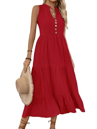 HELYO Women's Casual Summer Dress 2025 Sleeveless V Neck Button Beach Sundress Tiered Ruffle Flows Skirt Midi Dresses, Orange Red, L