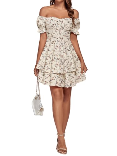 LYANER Women's Tie Back Off Shoulder Wrap Layer Ruffle Short Sleeve Mini Dress, Beige Print, L
