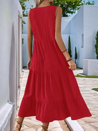 HELYO Women's Casual Summer Dress 2025 Sleeveless V Neck Button Beach Sundress Tiered Ruffle Flows Skirt Midi Dresses, Orange Red, L