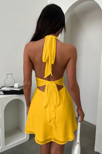 GOKATOSAU Women's Halter Deep V Neck Flowy Chiffon Bow Tie Backless Summer Mini Dress, Yellow, M