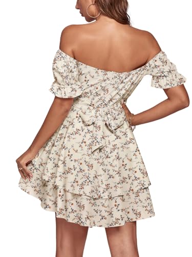 LYANER Women's Tie Back Off Shoulder Wrap Layer Ruffle Short Sleeve Mini Dress, Beige Print, L