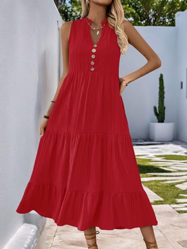HELYO Women's Casual Summer Dress 2025 Sleeveless V Neck Button Beach Sundress Tiered Ruffle Flows Skirt Midi Dresses, Orange Red, L