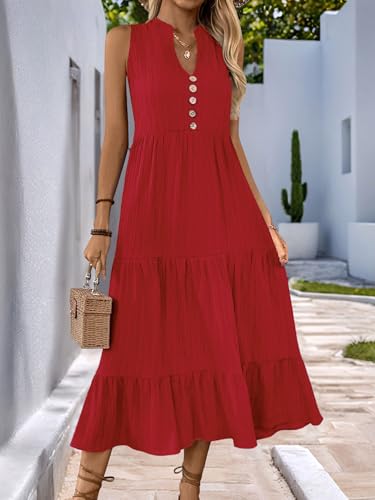 HELYO Women's Casual Summer Dress 2025 Sleeveless V Neck Button Beach Sundress Tiered Ruffle Flows Skirt Midi Dresses, Orange Red, L