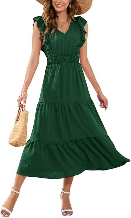 MAYFASEY Casual Summer Maxi Dress V Neck Ruffle Sleeve Flowy Long Dresses Elastic Waist Tiered A Line Midi Dress, Green, S