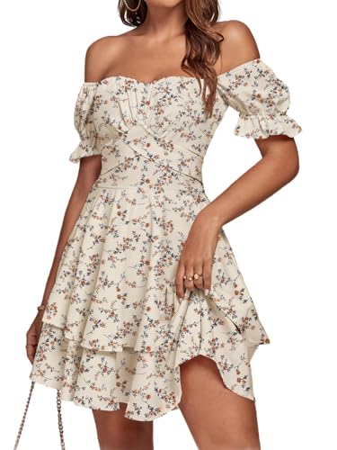 LYANER Women's Tie Back Off Shoulder Wrap Layer Ruffle Short Sleeve Mini Dress, Beige Print, L