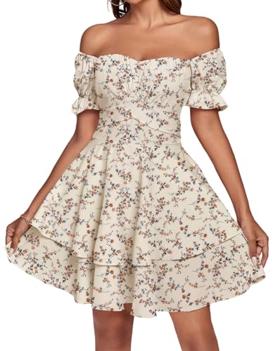 LYANER Women's Tie Back Off Shoulder Wrap Layer Ruffle Short Sleeve Mini Dress, Beige Print, L