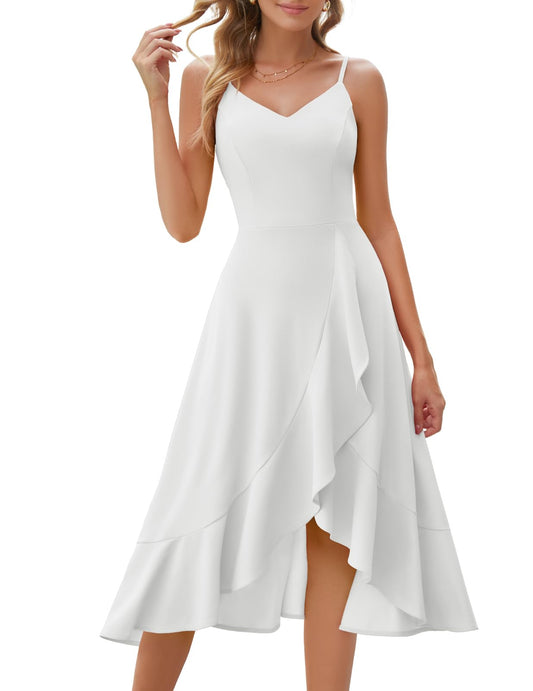 DRESSTELLS Women's Spaghetti Strap Dresses, 2025 Summer Midi Formal Bridesmaid Wedding Guest Modest Teens Prom Hi-Low Evening Party Dress Cocktail White M