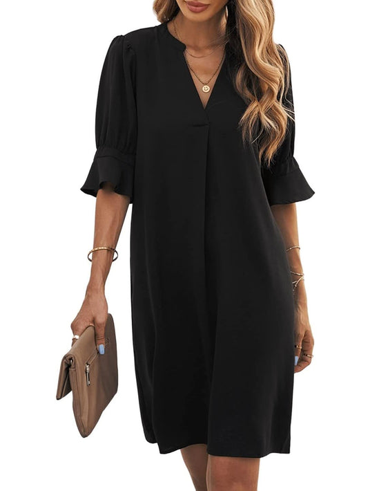 Famulily Womens Casual Ruffled Sleeve Shift Above Knee Dress Ladies Pleated Tunic Dresses Black L