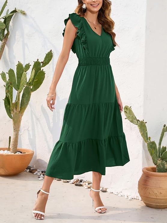 MAYFASEY Casual Summer Maxi Dress V Neck Ruffle Sleeve Flowy Long Dresses Elastic Waist Tiered A Line Midi Dress, Green, S