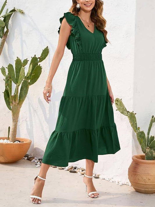 MAYFASEY Casual Summer Maxi Dress V Neck Ruffle Sleeve Flowy Long Dresses Elastic Waist Tiered A Line Midi Dress, Green, S
