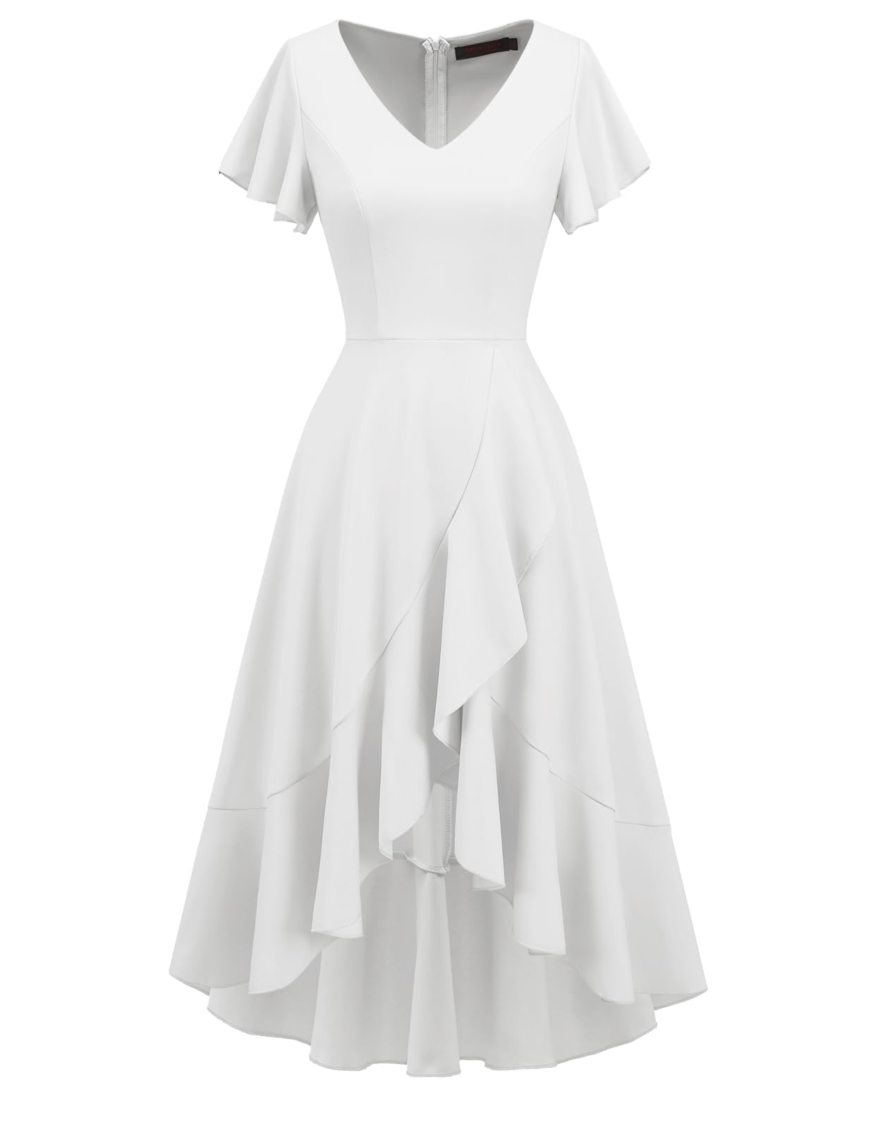 DRESSTELLS White Formal Dresses for Women Wedding Guest Cocktail Church Tea Party Dress 2025 Fit Flare V Neck Ruffle Evening Dresses White XL