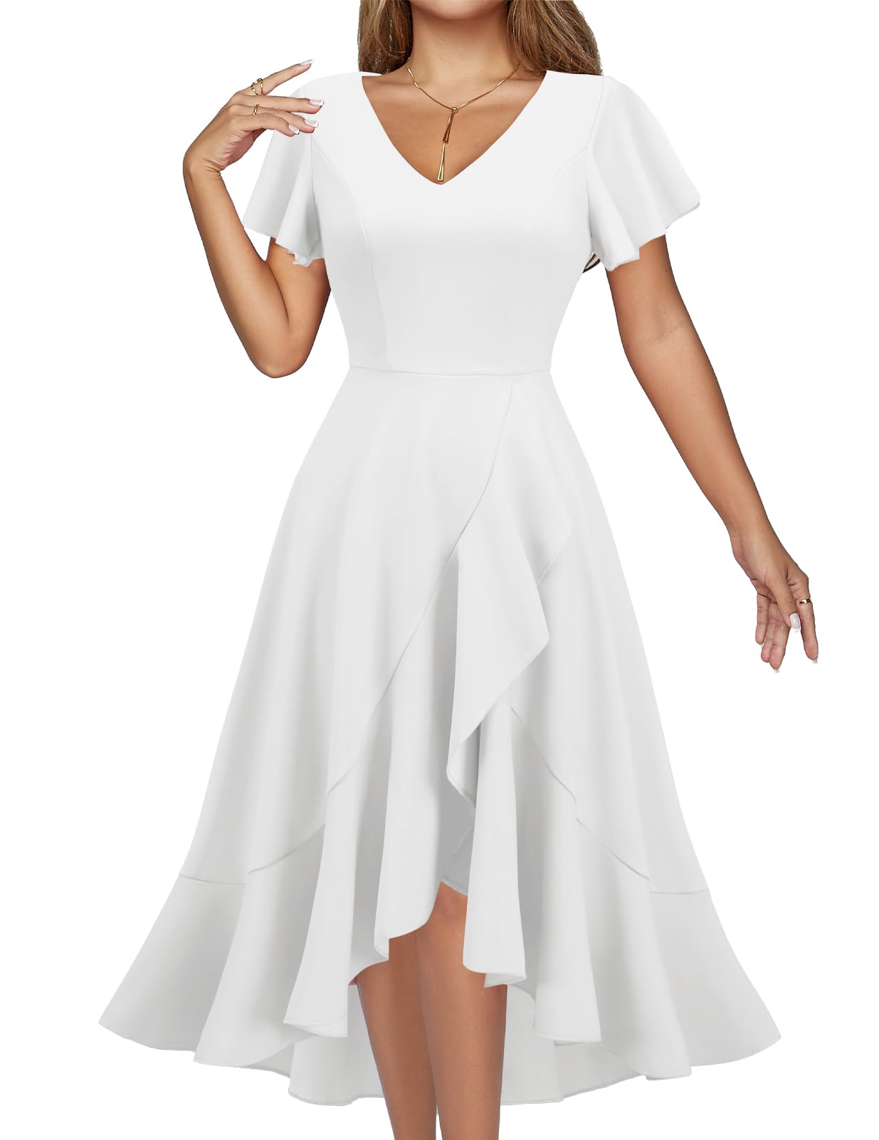 DRESSTELLS White Formal Dresses for Women Wedding Guest Cocktail Church Tea Party Dress 2025 Fit Flare V Neck Ruffle Evening Dresses White XL