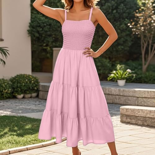 Women Square Neck Ruffle Maxi Dress 2025 Summer Boho Beach Cotton Linen A-Line Spaghetti Strap Long Dress Vacation(1E-Red, XXL)