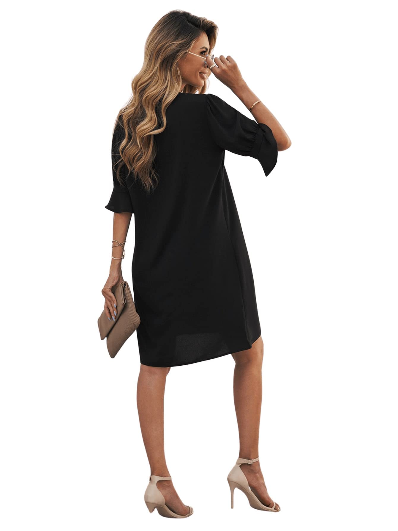Famulily Womens Casual Ruffled Sleeve Shift Above Knee Dress Ladies Pleated Tunic Dresses Black L