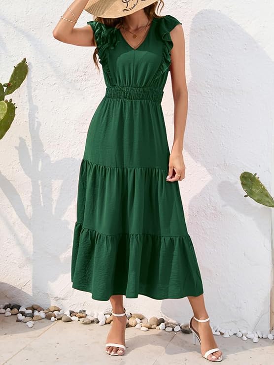 MAYFASEY Casual Summer Maxi Dress V Neck Ruffle Sleeve Flowy Long Dresses Elastic Waist Tiered A Line Midi Dress, Green, S