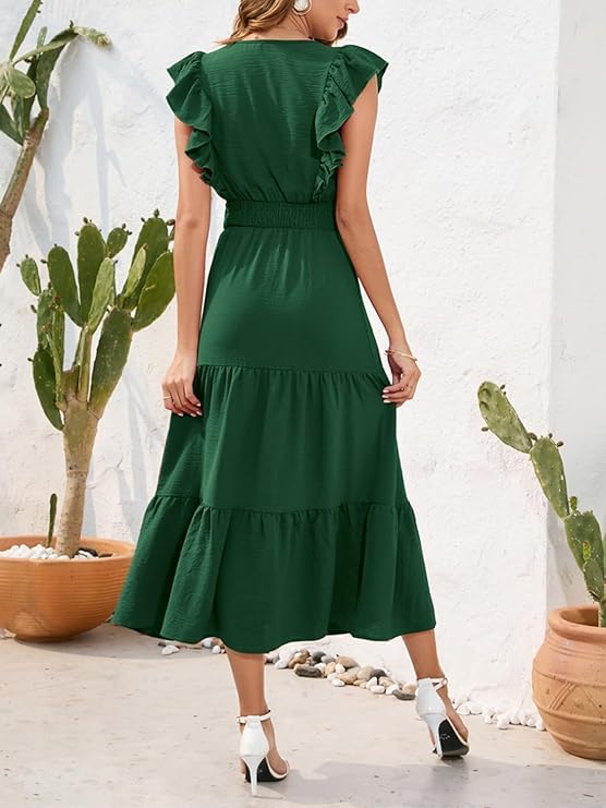 MAYFASEY Casual Summer Maxi Dress V Neck Ruffle Sleeve Flowy Long Dresses Elastic Waist Tiered A Line Midi Dress, Green, S