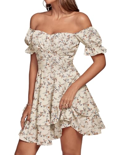 LYANER Women's Tie Back Off Shoulder Wrap Layer Ruffle Short Sleeve Mini Dress, Beige Print, L