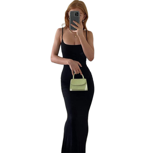 Geagodelia Women's Summer Maxi Dress Ladies Sexy Spaghetti Strap/Long Sleeve Bodycon Long Party Dresses Y2k Aesthetic Clothes Rave Outfit Skims Dupes (A - Black, XS)