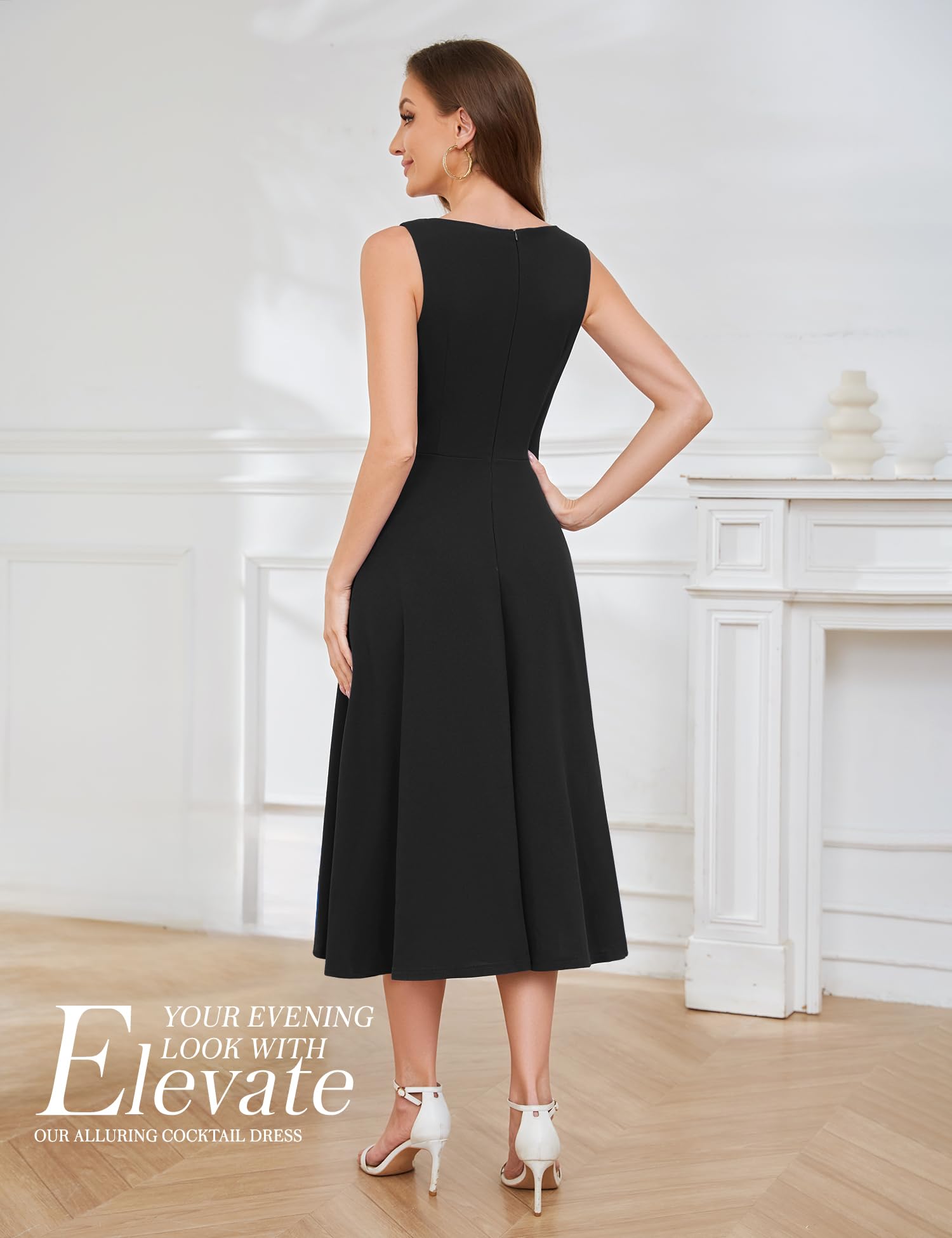 Aupuls Black Formal Dresses for Women V Neck A Line Sleeveless Midi Cocktail Dress AUPG007 Black XL