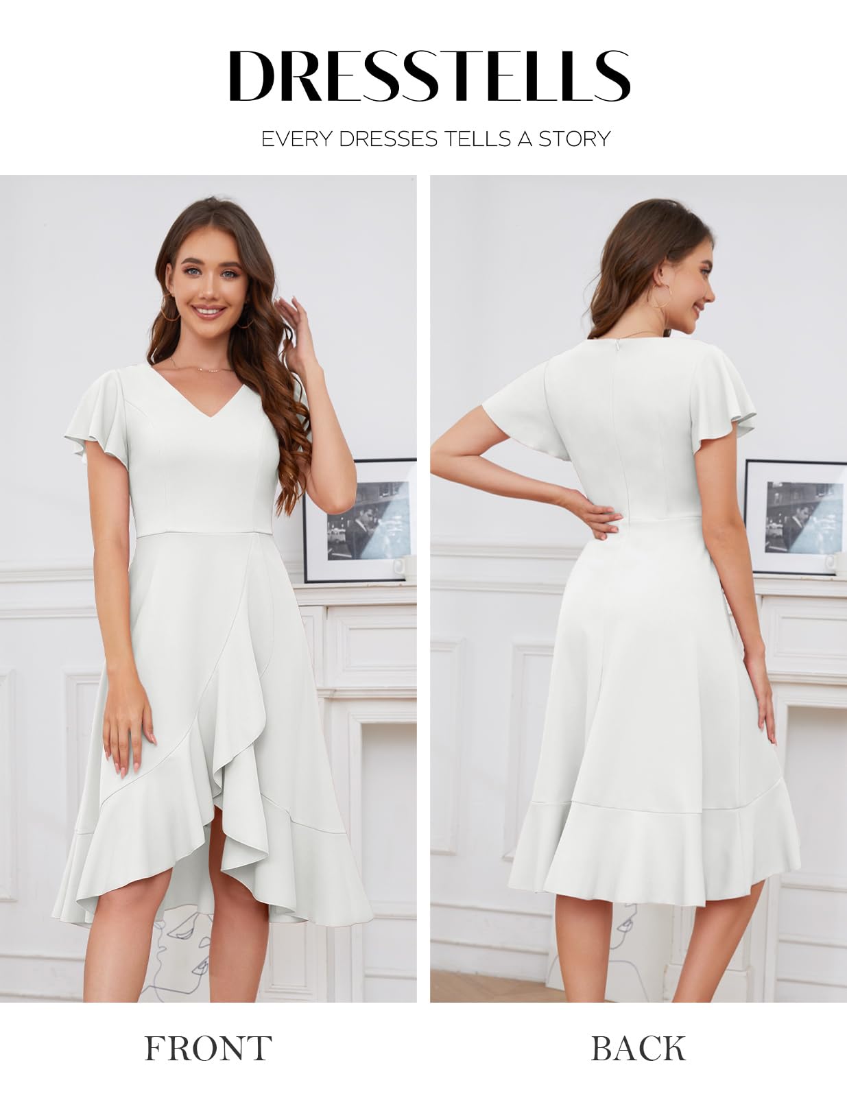 DRESSTELLS White Formal Dresses for Women Wedding Guest Cocktail Church Tea Party Dress 2025 Fit Flare V Neck Ruffle Evening Dresses White XL
