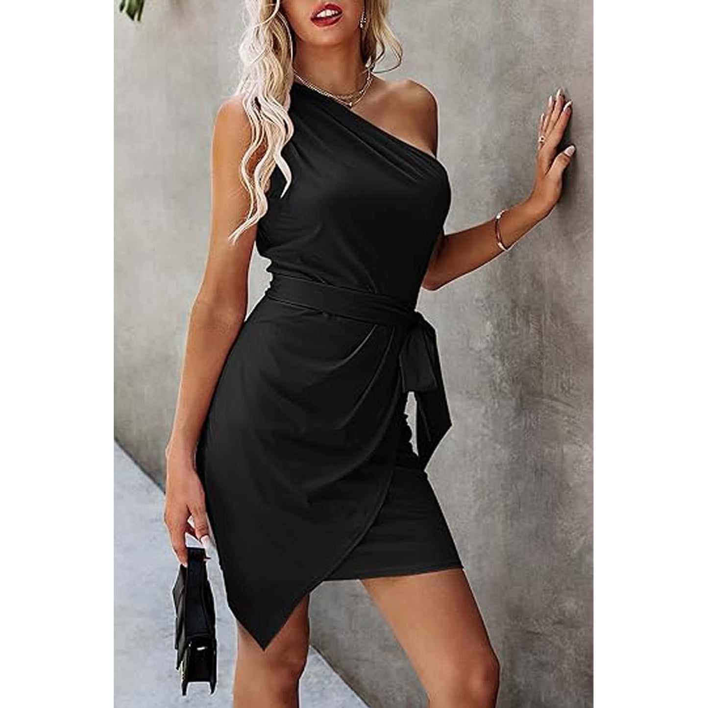 Hanaoops Women Bodycon Dresses Elegant Sleeveless Wrapped Midi Dress One Shoulder Irregular Ruched Cocktail Dress for Ladies Club Wedding Party Night Out Business Prom Black