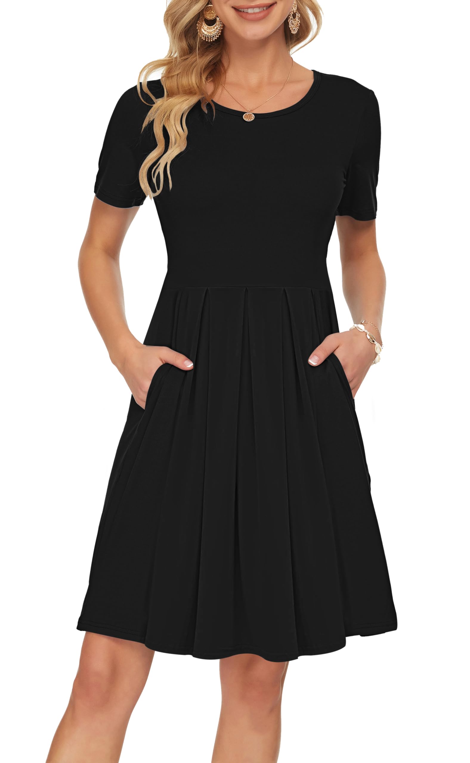 AUSELILY Ladies Summer Short Sleeve Pleated Loose Swing Casual Dress with Pockets Knee Length Black M