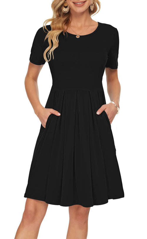 AUSELILY Ladies Summer Short Sleeve Pleated Loose Swing Casual Dress with Pockets Knee Length Black M