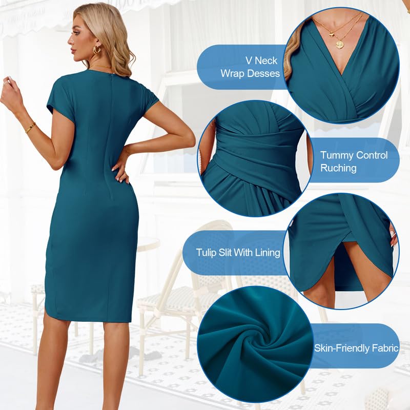 Cocktail Dress for Women UK - Summer Batwing Flutter Sleeves Bodycon Ruched Wrap Soft Work Business Pencil Midi Wedding Guest Office