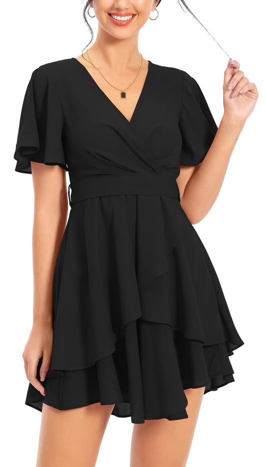 PCEAIIH Women's Cocktail Dresses Short Sleeve Empire Skater Dress Deep V-Neck Waist Tie Ruffle Mini Swing Dresses 2XL Black