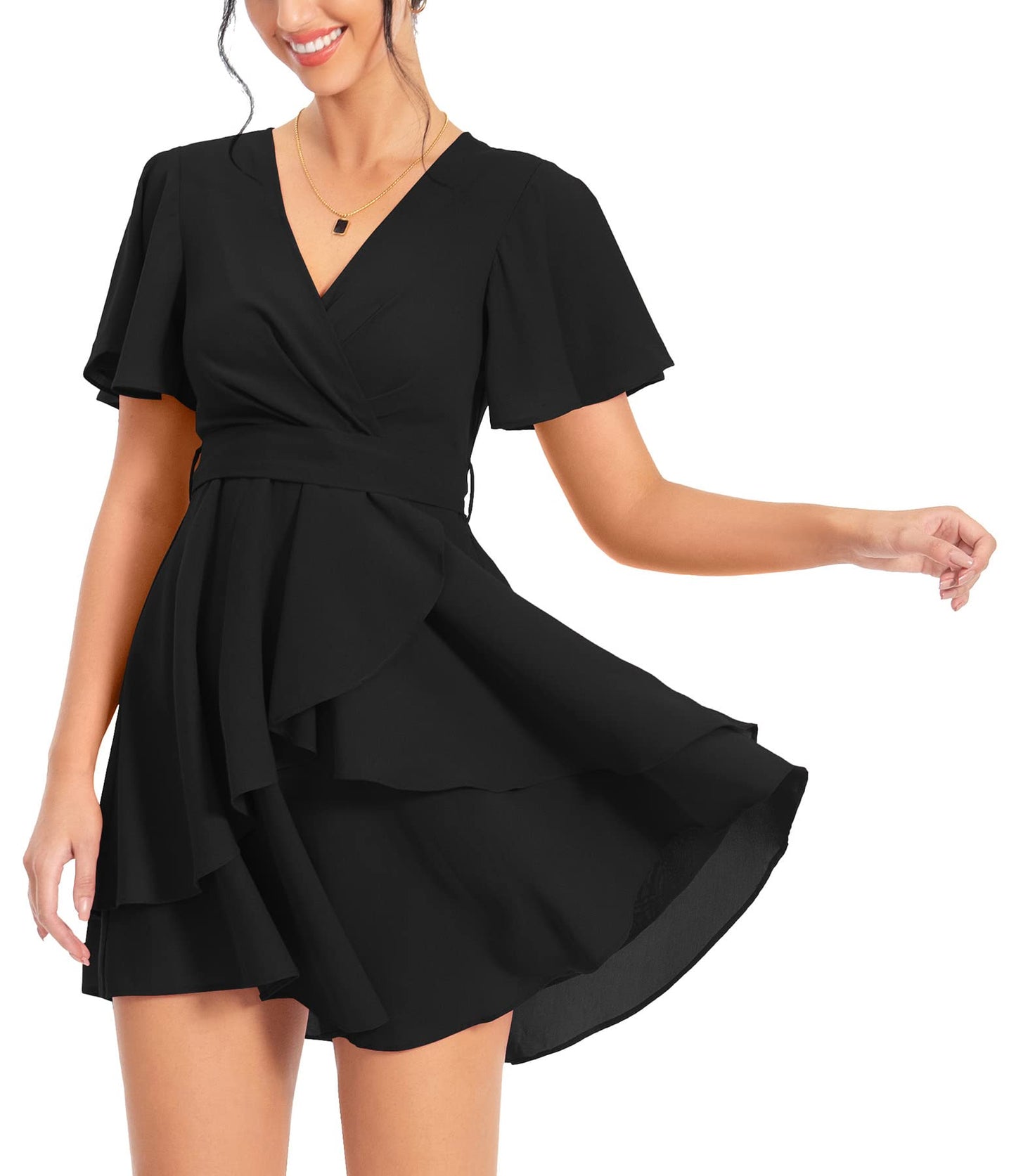 PCEAIIH Women's Cocktail Dresses Short Sleeve Empire Skater Dress Deep V-Neck Waist Tie Ruffle Mini Swing Dresses 2XL Black