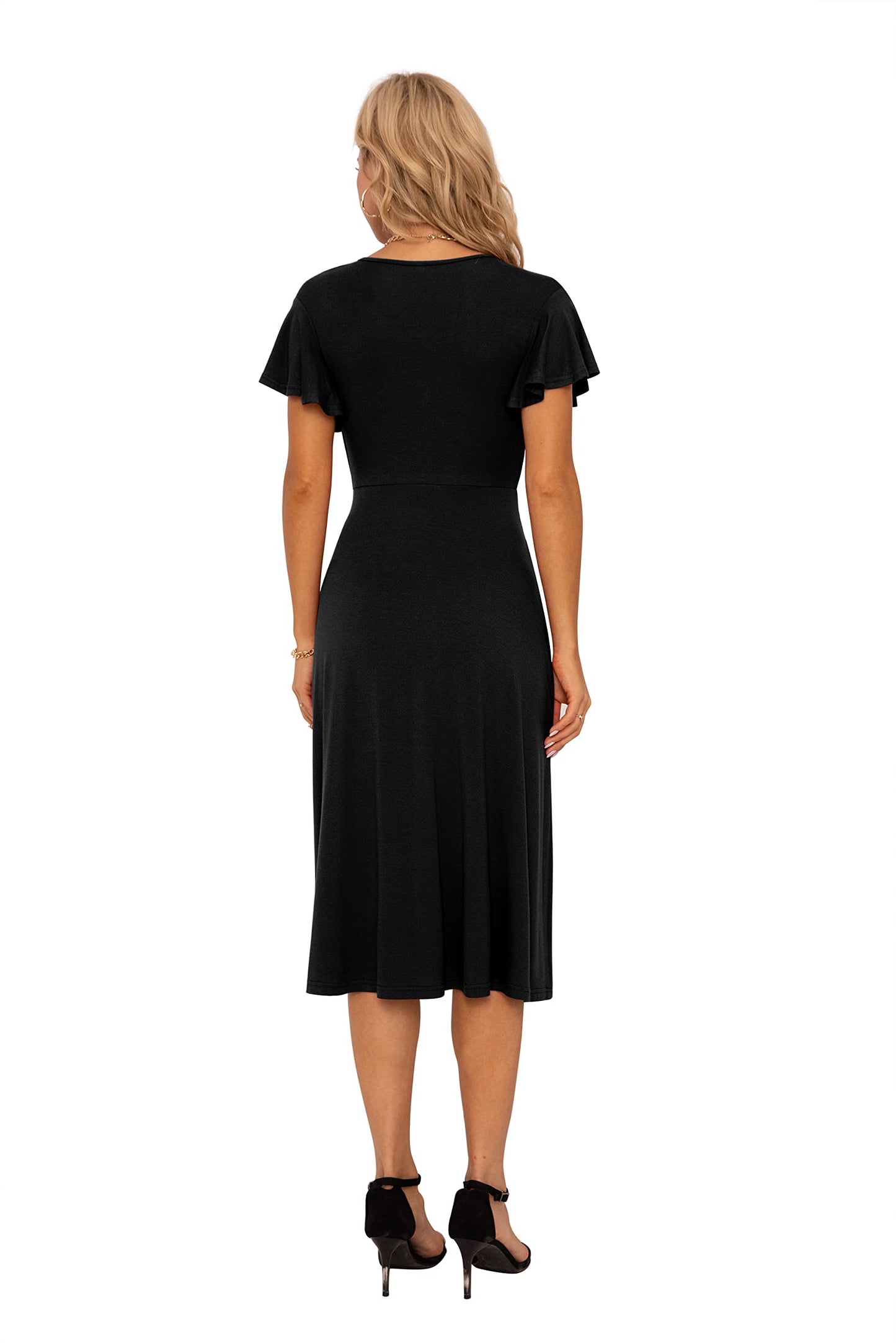 GRECERELLE Womens Summer Wrap Dress Ladies Casual Ruffle Short Sleeve V-Neck Floral Beach Dresses for Women (01 Black, L)