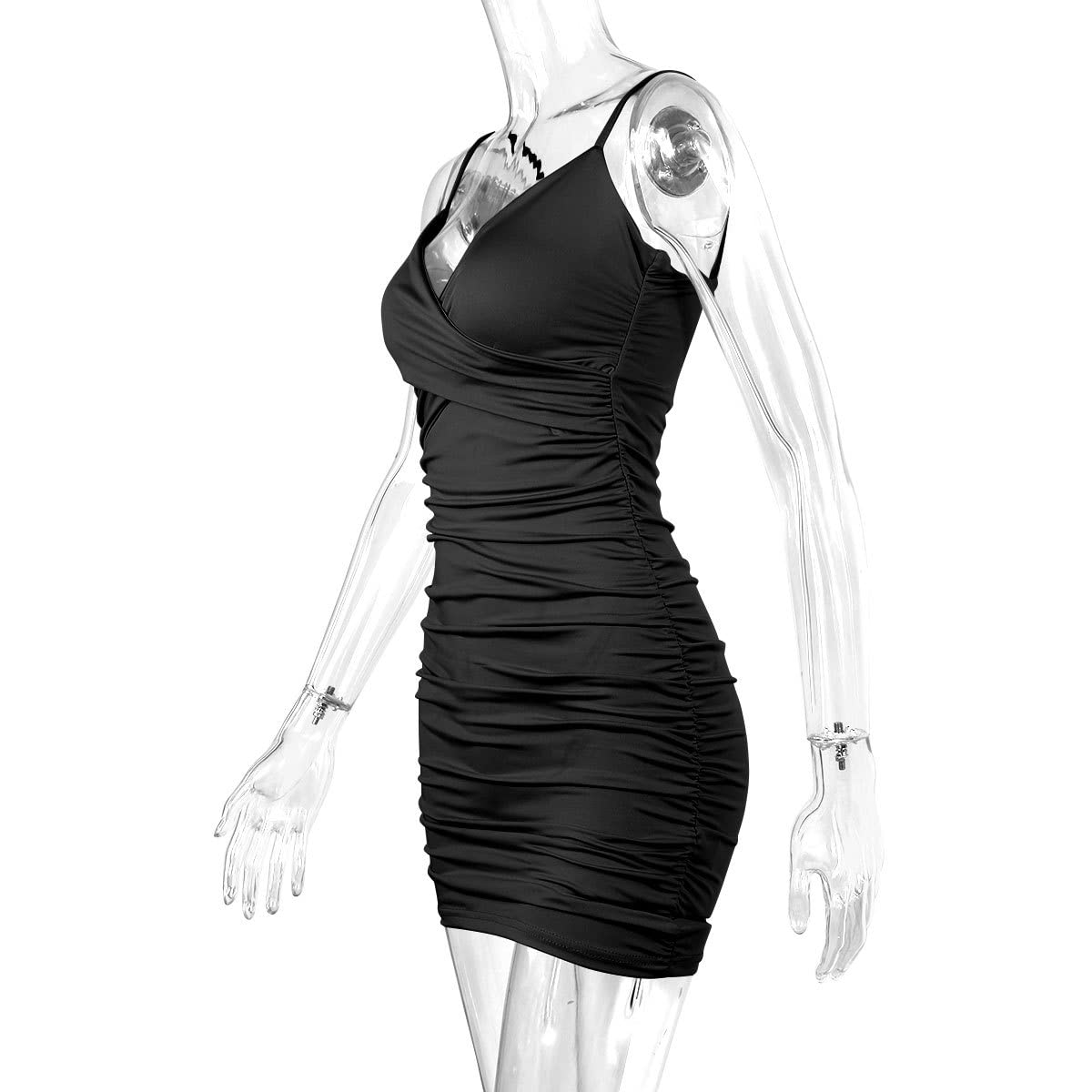 Zesoyne Womens Sexy Mini Bodycon Ruched Tank Dress Spaghetti Strap Vneck Party Short Wrap Cami Clubwear Outfit M Black