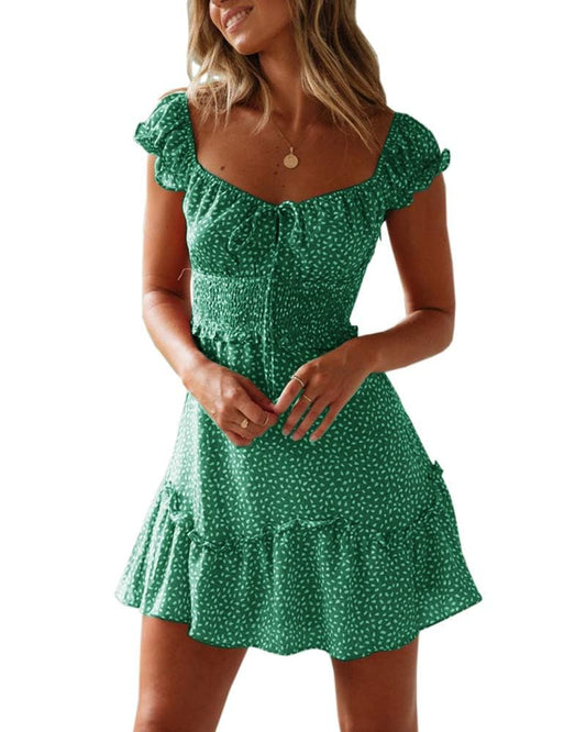 Cicy Bell Women's Summer Ruffle Sleeve Sweetheart Neckline Printing Dress Mini Dress Green,XXL