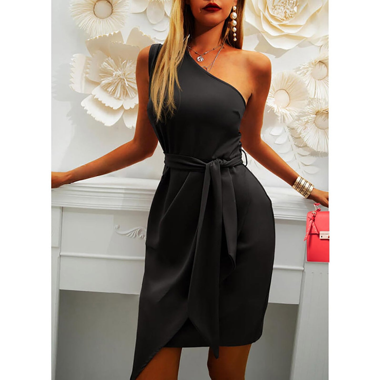 Hanaoops Women Bodycon Dresses Elegant Sleeveless Wrapped Midi Dress One Shoulder Irregular Ruched Cocktail Dress for Ladies Club Wedding Party Night Out Business Prom Black