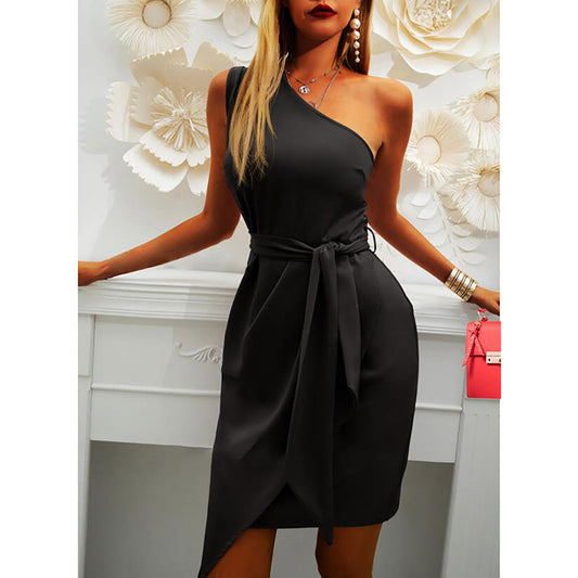 Hanaoops Women Bodycon Dresses Elegant Sleeveless Wrapped Midi Dress One Shoulder Irregular Ruched Cocktail Dress for Ladies Club Wedding Party Night Out Business Prom Black