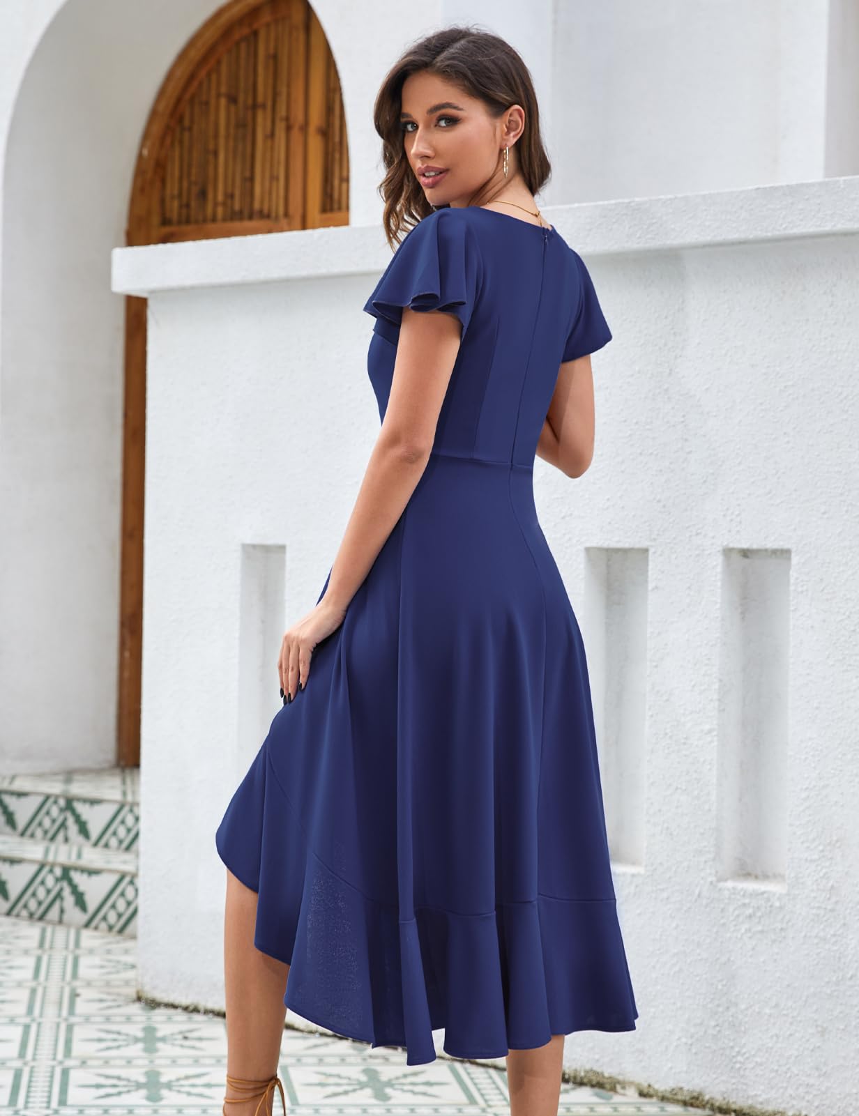 HomRain Women’s Ruffle Sleeves Wedding Guest Dress Ruffle Split Formal Cocktail Vintage Dresses for Women Evening Party Navy XL